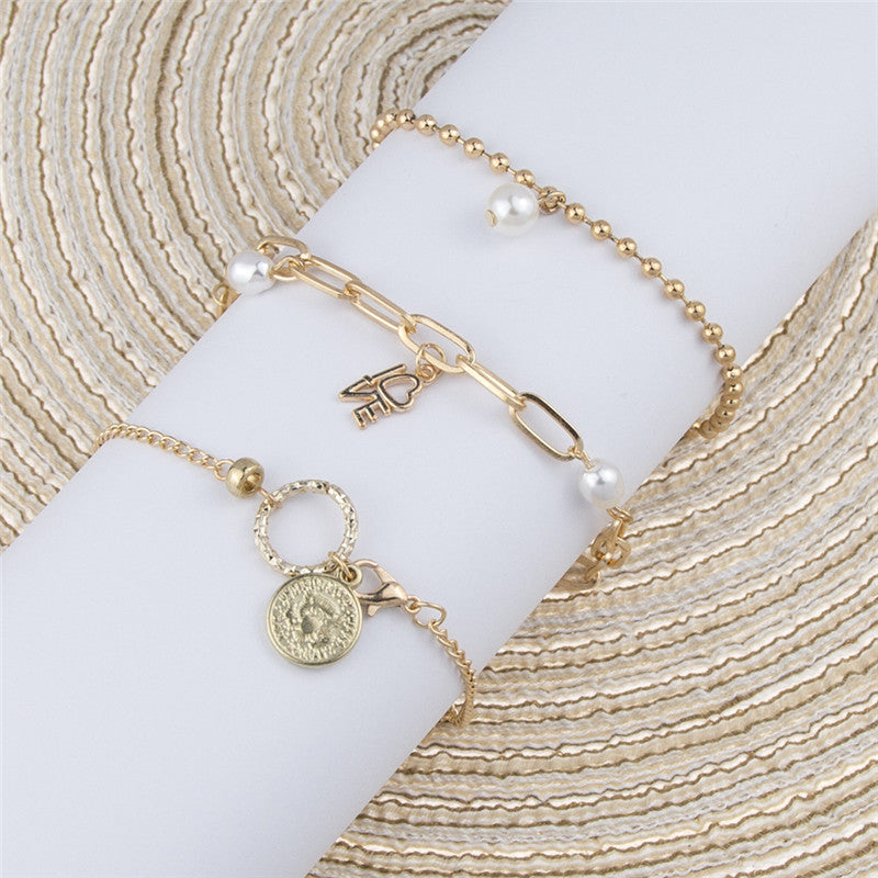 Armband Set Ins Design Nische Perle Liebe Münze Schmuck Damen 3-teiliges Set