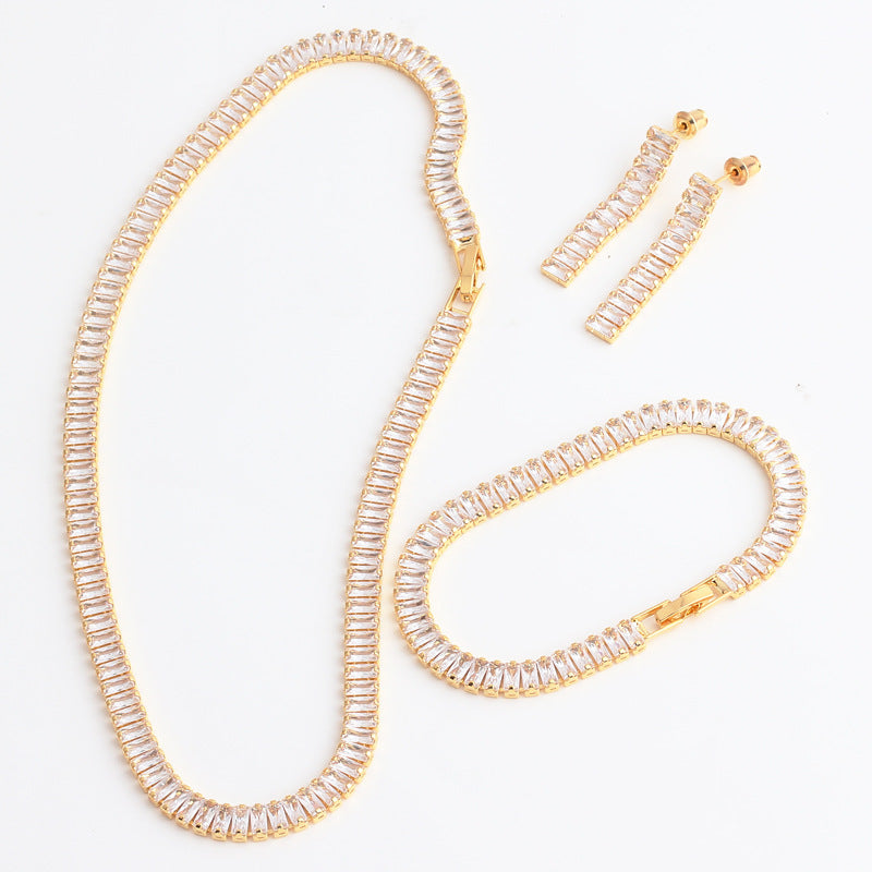 Zirkonkrallenkette, komplett besetztes Collier, Ohrhänger und Armband, dreiteiliges Set