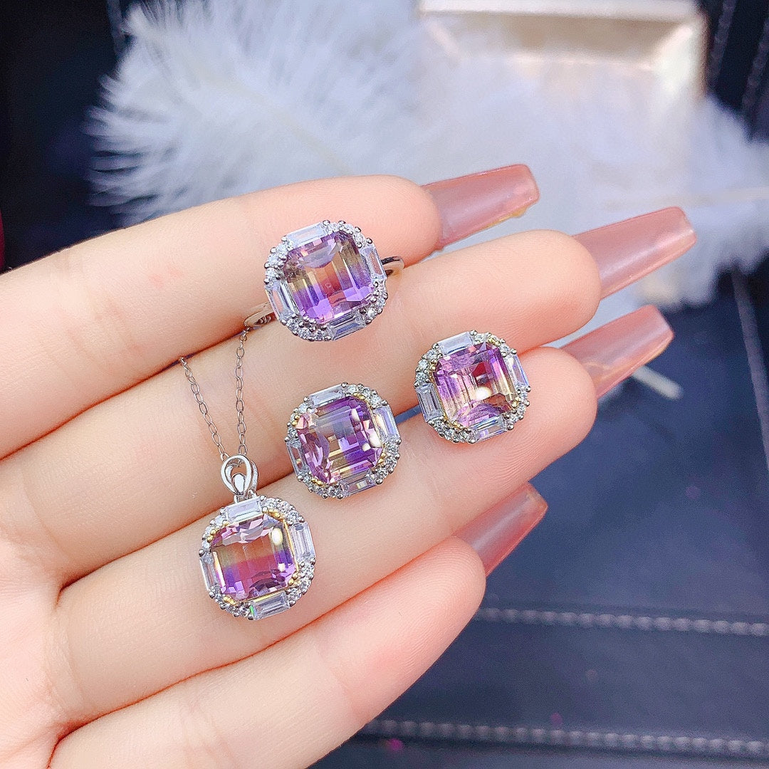 Natur Ascher Amethyst Set Ring Anhänger Ohrringe