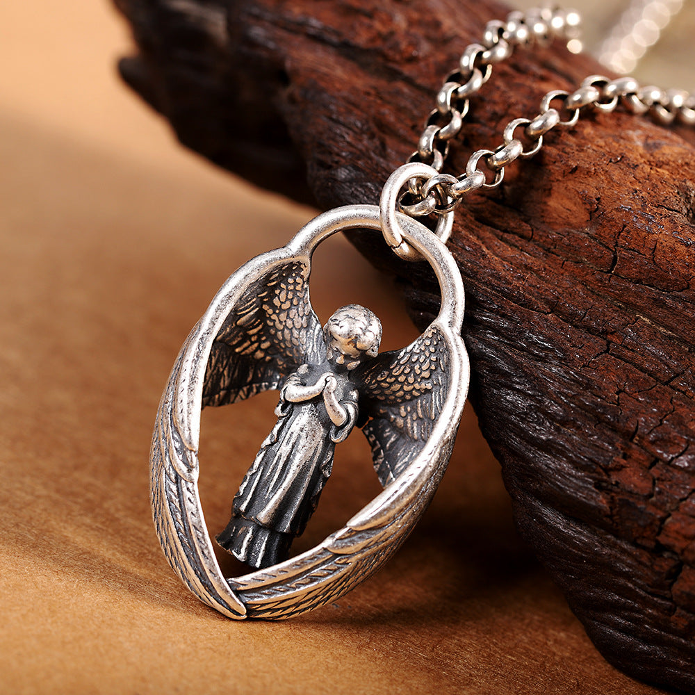 S925 Silber geschnitzter Engel-Anhänger Fashion Retro Damen