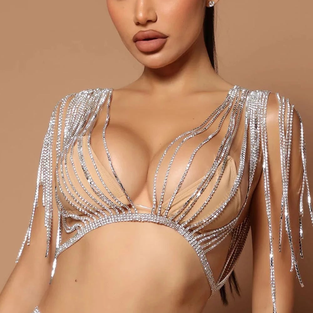 Nueva cadena de cuerpo de sujetador con diamantes de imitación en capas para mujer