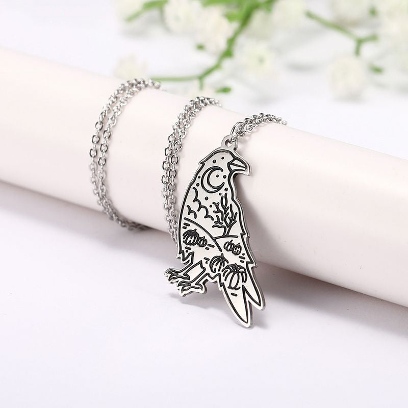 Vintage Viking Celtic Raven Necklace Stainless Steel Moon Pumpkin Crow Pendant Necklaces