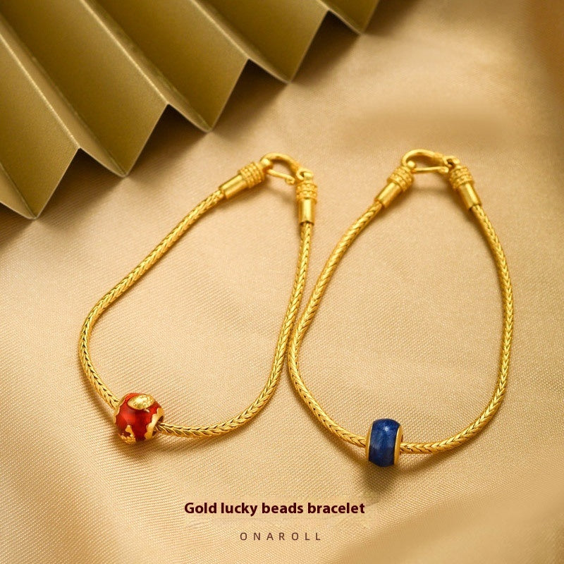 Pulsera de Cobre Puro Dorado Antiguo de Oro Aluvial con Cuentas de la Suerte y Tarjeta de Bendición