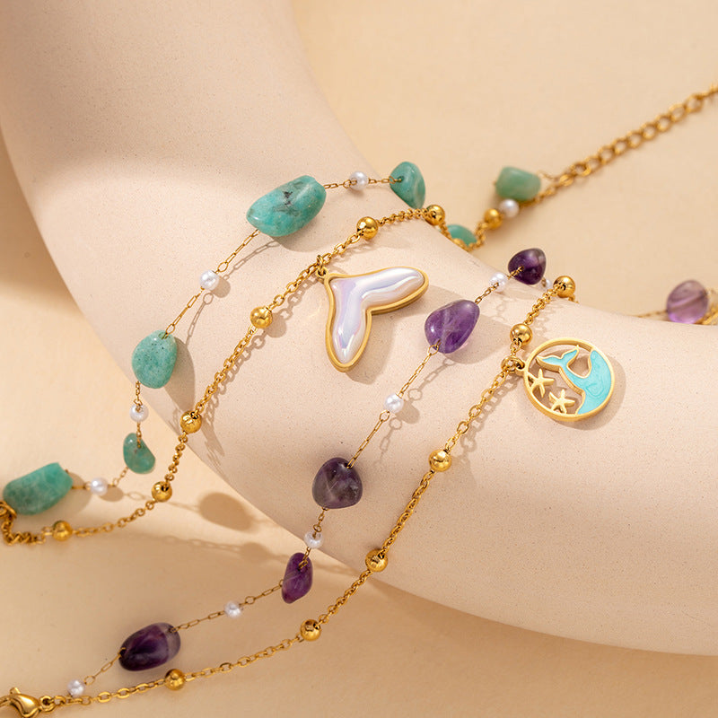 Pulsera de doble cadena con colgante de delfín y perlas de piedra artificial azul púrpura
