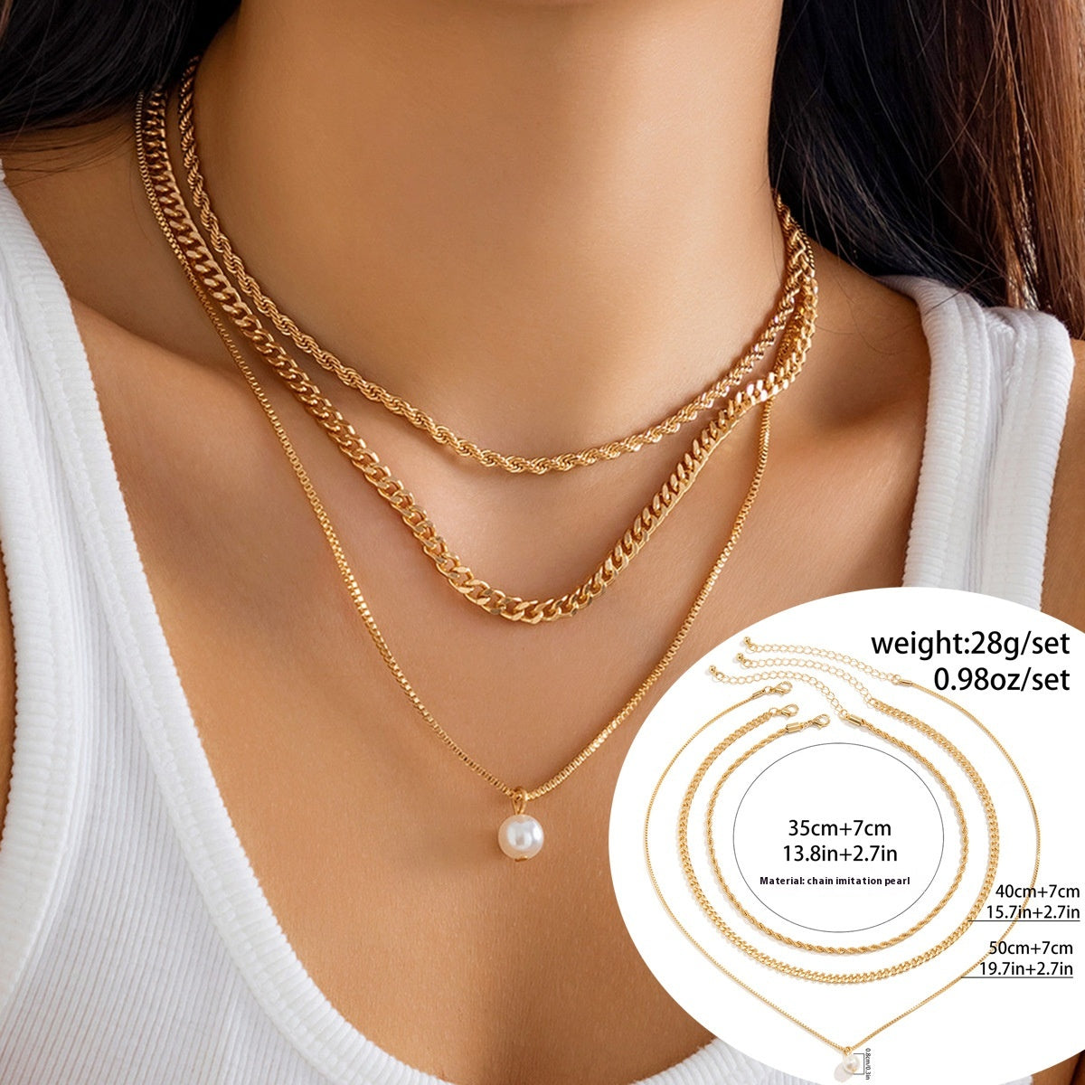 Damen schlichte, schlanke Kette, mehrlagige Kunstperlenkette