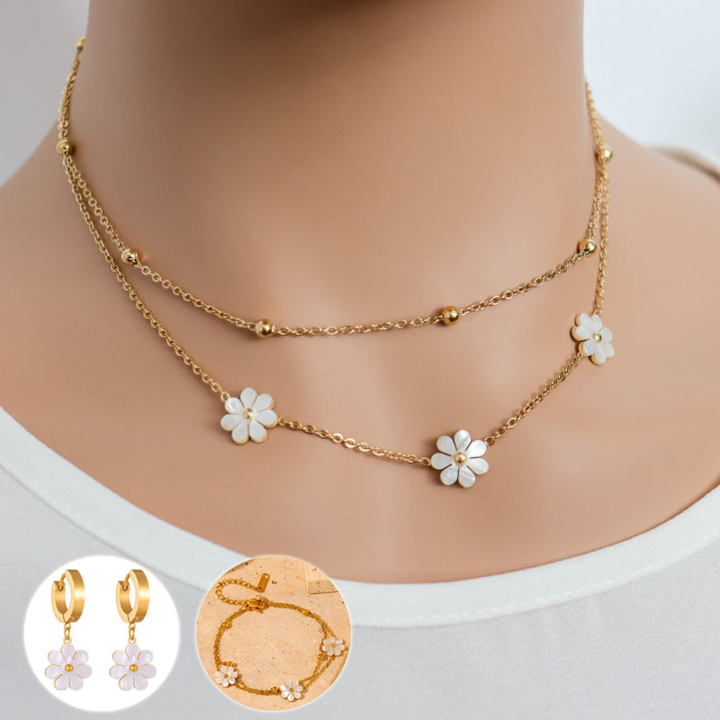 Modeschmuck Edelstahl Blumen Gänseblümchen-Halskette Doppellagige Halskette Ohrringe Schmuckset