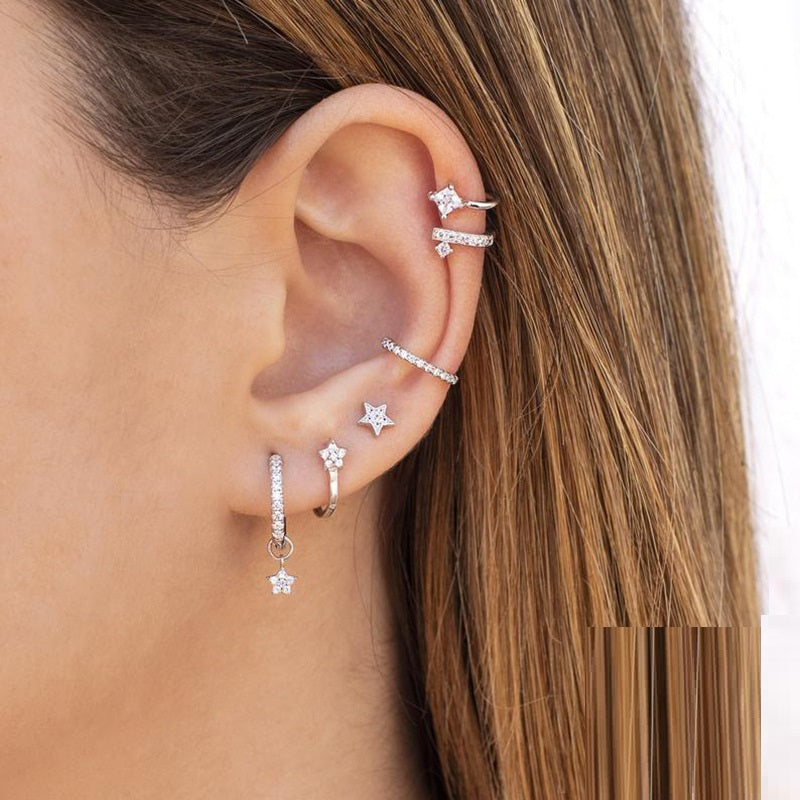 Pendientes de clip geométricos con diamantes de plata de ley de primera calidad