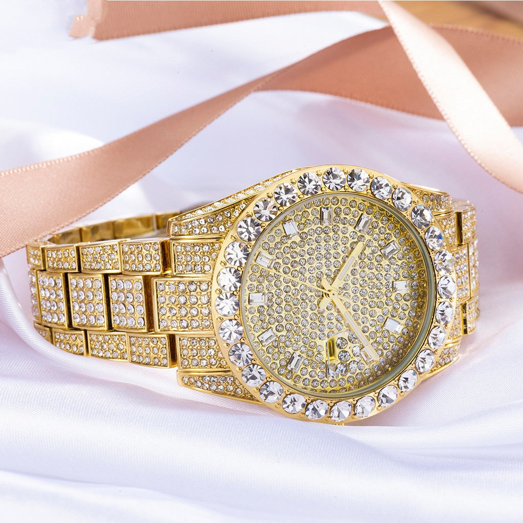 Reloj de esfera grande con diamantes de imitación a la moda