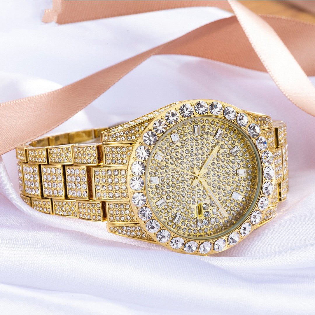 Reloj de esfera grande con diamantes de imitación a la moda