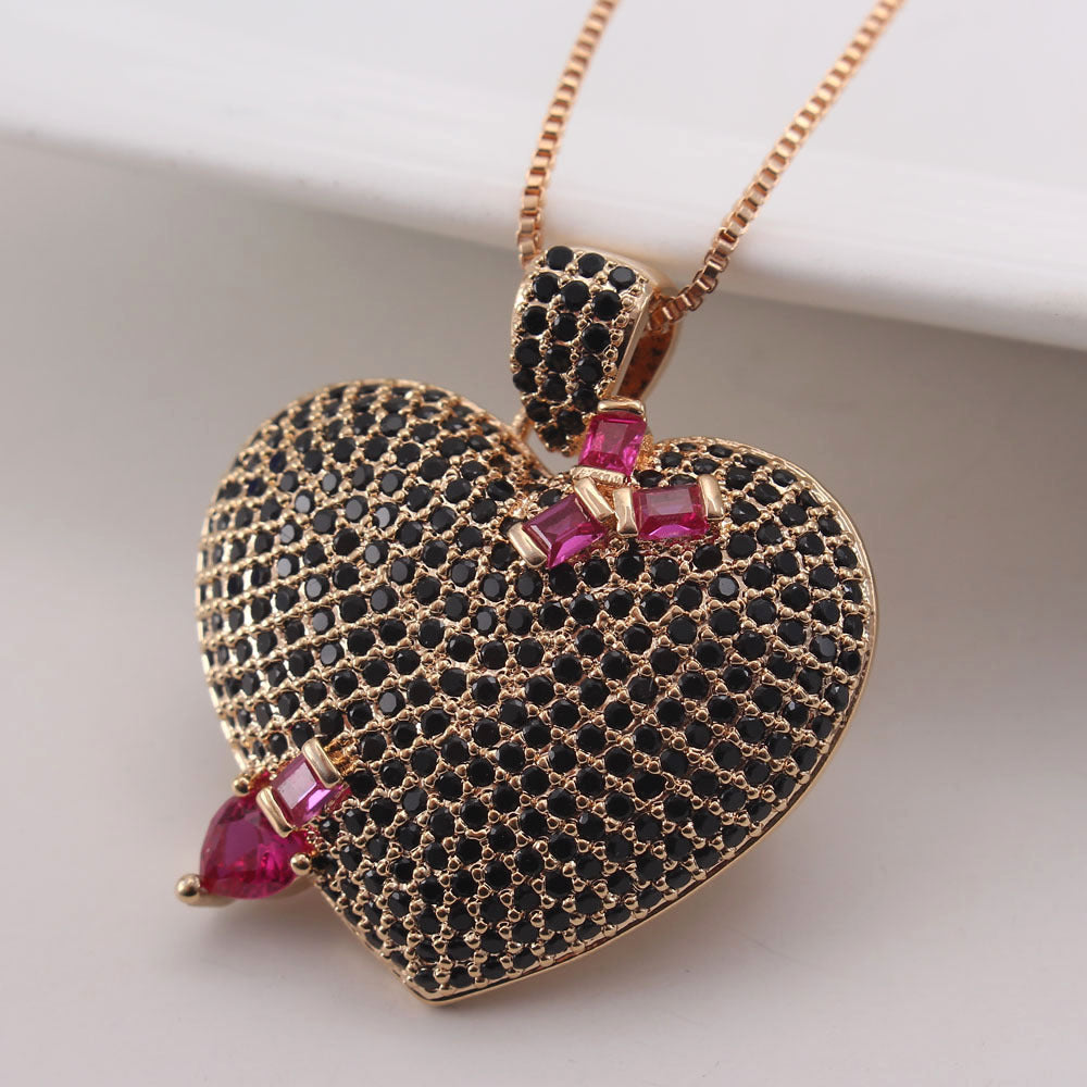 Collar AAA de circonita completa para mujer, chapado en oro real, cobre, corazón de melocotón, joyería