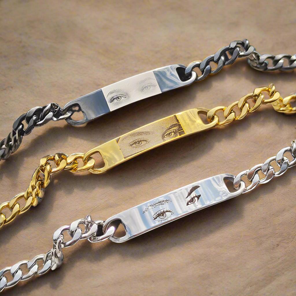 Personalisiertes Armband mit menschlichem Auge, DIY-Laser-graviertes Edelstahl-Paararmband, graviertes Porträtarmband