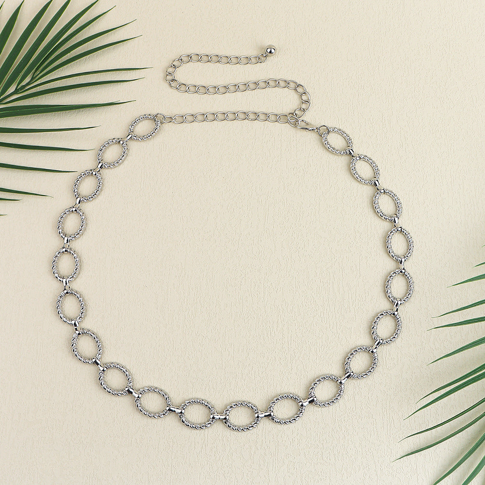 Cadena de cintura para mujer, sentido superior, círculo ondulado, cadena de metal con jeans, todos los accesorios de moda