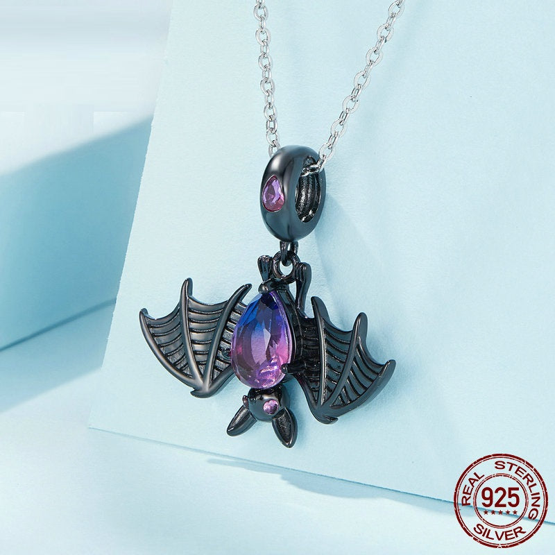 Sterling Silber S925 Fledermaus-Baumelperlen Schwarz Vergoldet Zirkon Turmalin Dunkler Anhänger