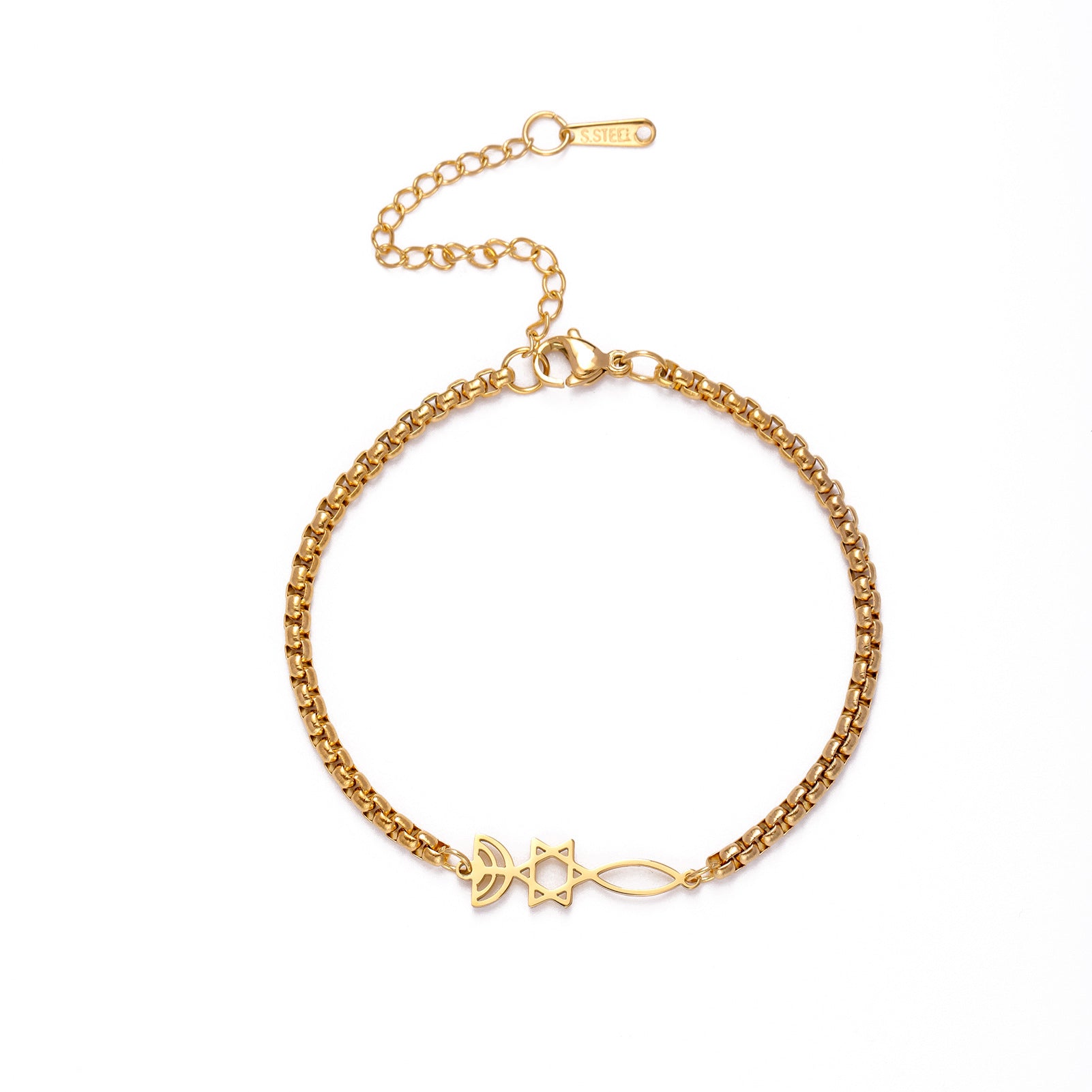 Pulsera de acero de titanio cortado, colgante de pez con estrella de seis puntas hueca