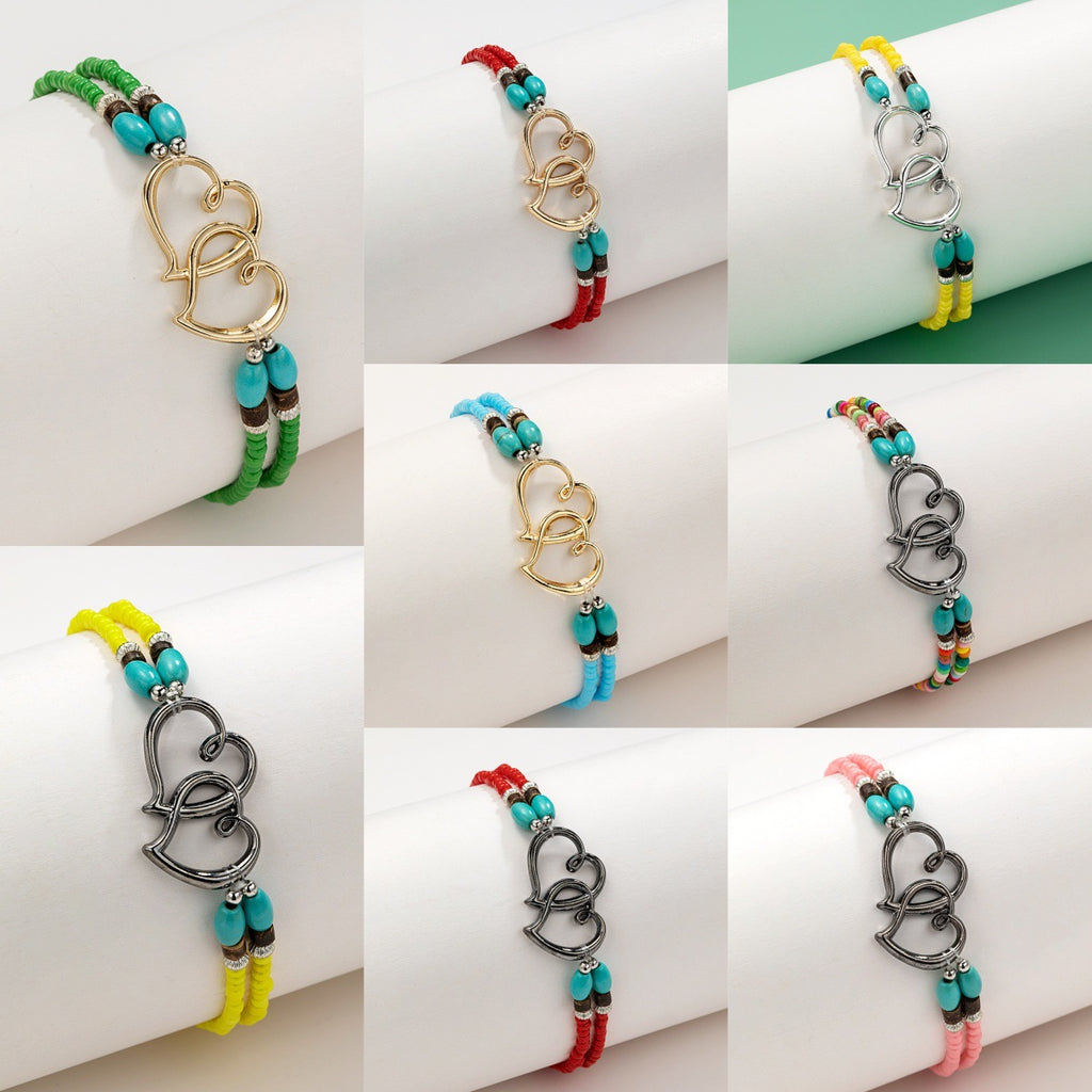 Mode Urlaub Stil Legierung Doppelte Herzperle Türkis Doppeltes Elastisches Fußkettchen