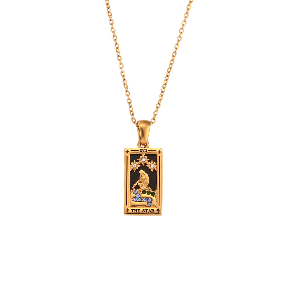 Retro beliebte Anhängerkette aus Edelstahl mit rechteckigem Drip-Zirkon-Tarot-Design