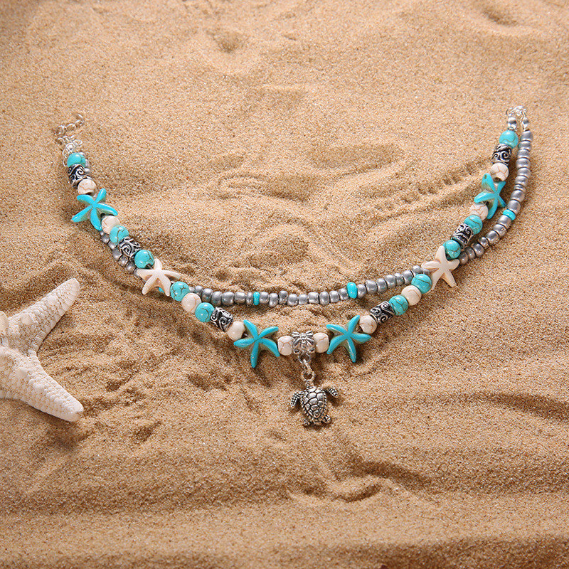 Tobillera de playa, tortuga, estrella de mar, turquesa