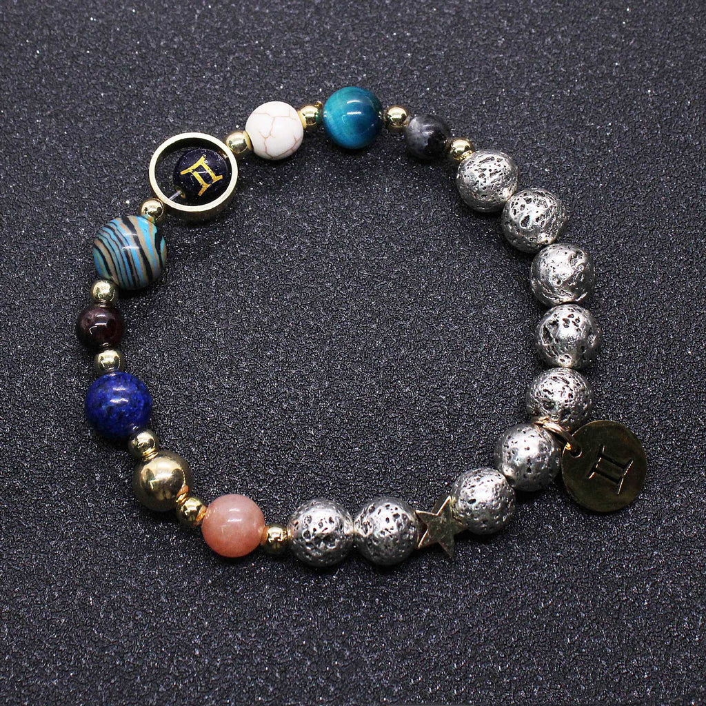 Pulsera Doce Constelaciones Azul San Letras Plata Antigua Piedra Volcánica