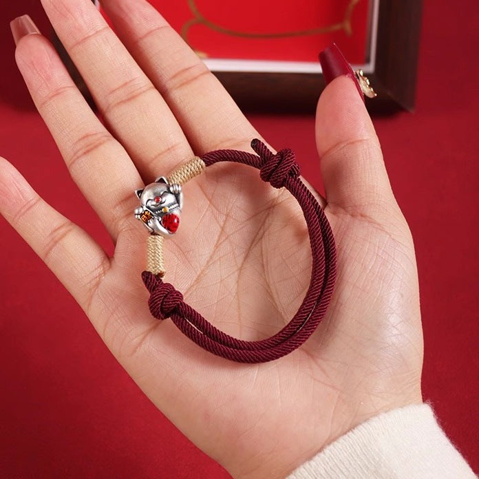 Handgewebtes Glückskatze Fu-Zeichen Tibetisches Rotseil-Armband für Damen