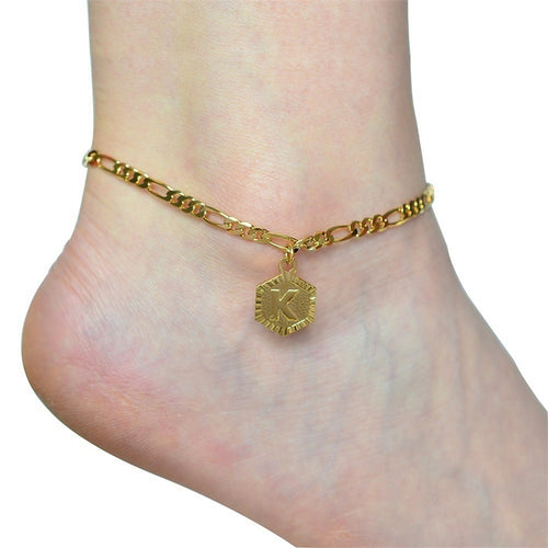 26 Tobillera con letra del alfabeto, pulsera de cadena para el pie color dorado