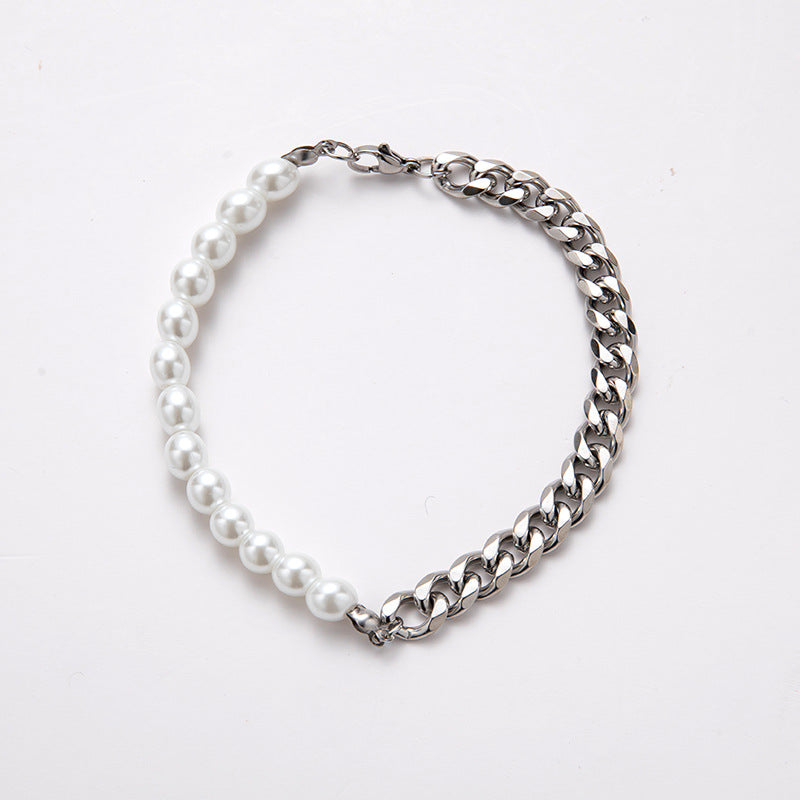 Stitching Stainless Steel Cuban Chain Pearl Necklace For Men