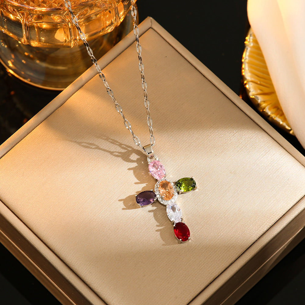 Collar con cruz de circonitas de colores con diamantes que no se desvanece