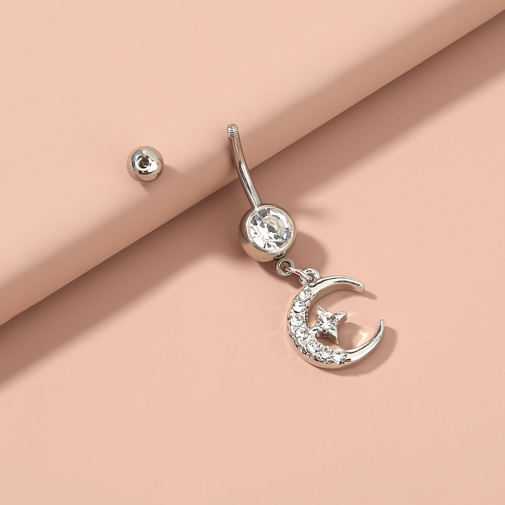 Pendientes de ombligo de acero inoxidable con diseño de luna y estrella con diamantes, exquisitos y brillantes, joyería de perforación corporal, tendencia de moda europea y americana.