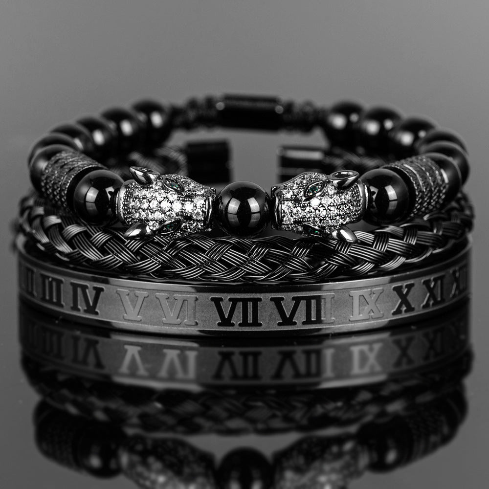Men's Black Double Leopard Head Braided Stainless Steel Roman Numeral Bracelet Suit