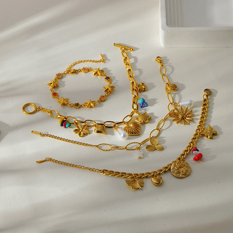 Flower Love Heart Multi-pendant Necklace Stainless Steel Bracelet