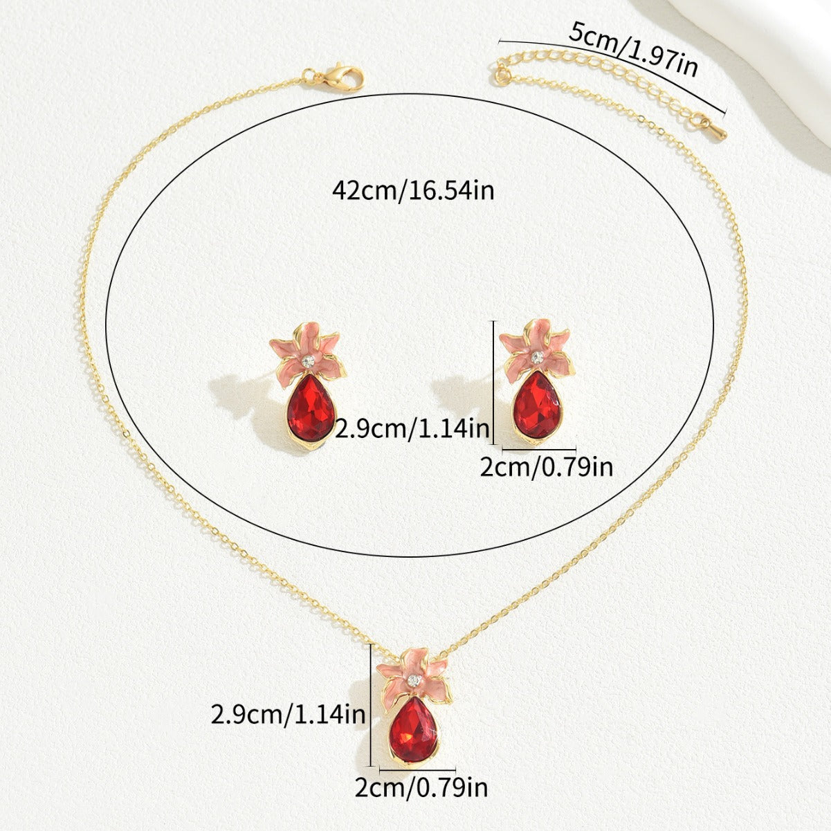 Schmuck-Set mit Blumenkette und Ohrringen, eingelegt mit Zirkon
