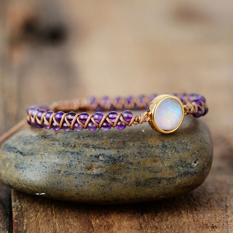 Pulseras de piedra envueltas para mujer, amatistas, ópalo, pulsera trenzada de cuerda, pulsera de la amistad de yoga, joyería bohemia