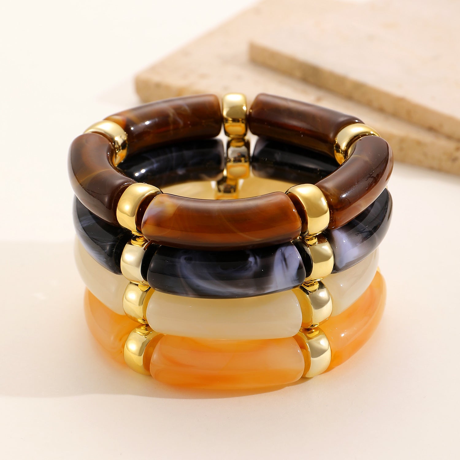 Pulsera europea y americana de resina con cuentas de bambú, diseño geométrico exagerado con combinación de colores