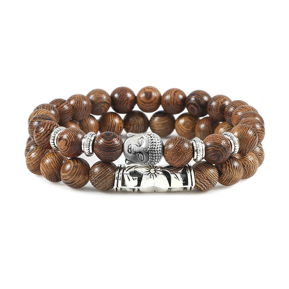 Pulsera de Cuentas de Madera con Cabeza de Buda para Hombre y Mujer, Hueca, Joyería de Mano