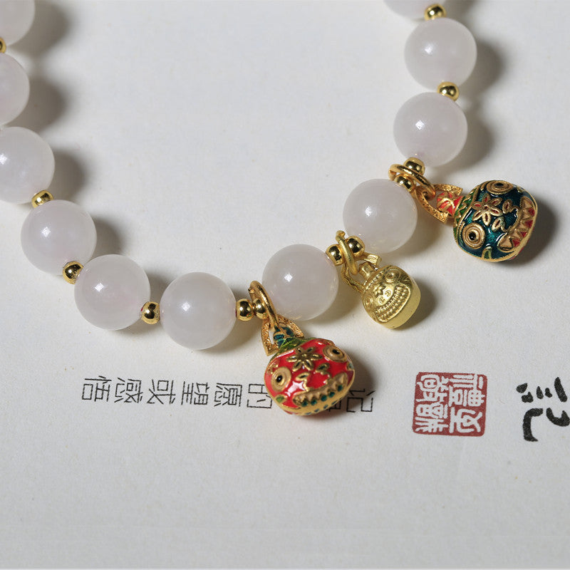 Hetian Jade Light Lotus Round Beads Swallowing Gold Beast Pendant Bracelet