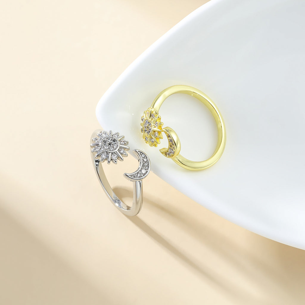 Anillo Abierto Ajustable de Estrella y Luna con Diamantes de Imitación, Anillos de Pareja con Personalidad de Moda para Joyería de San Valentín