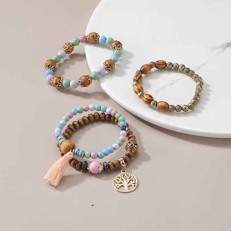 Pulsera Bohemia de Cuentas de Madera de Múltiples Capas