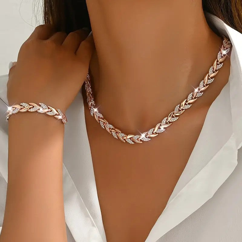 Conjunto de 2 collares de hojas de cristal elegantes con diamantes de imitación para mujer, conjunto de joyas de lujo a la moda