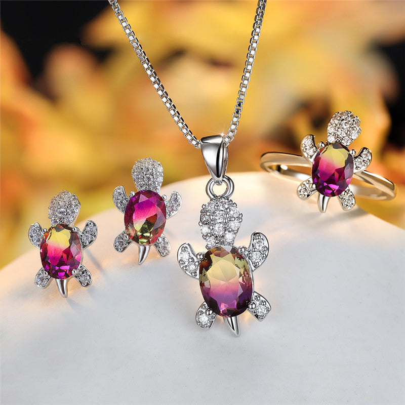 Mode Oval Zirkon Anhänger Schildkrötenform Halsketten mit Regenbogenstein Mehrfarbige Tierhalskette Schmuck für Damen und Kinder