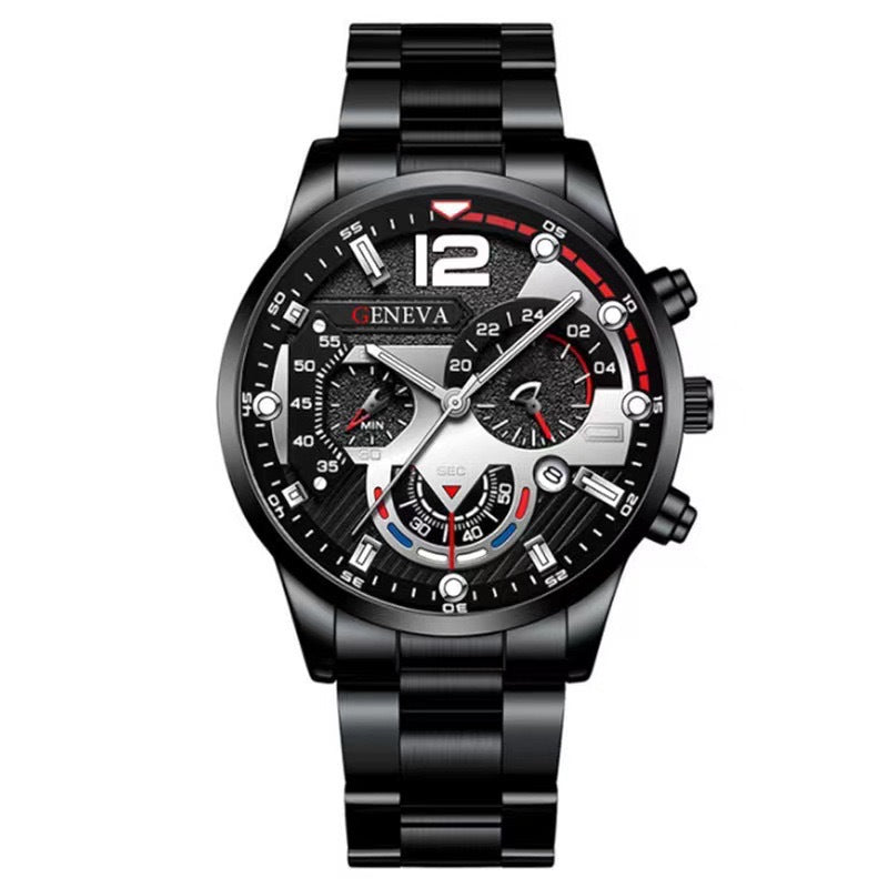 Juego de pulsera de 2 relojes de cuarzo de tres ojos de acero de moda para hombre, regalos de San Valentín