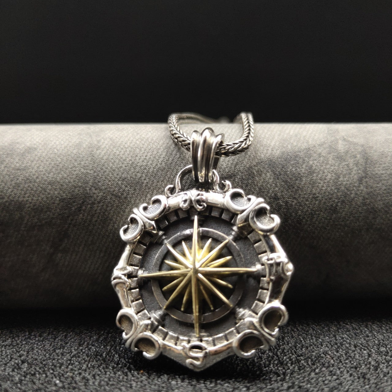 Neue S925 Sterling Silber Tiefsee-Kompass-Hundemarken-Herrenkette
