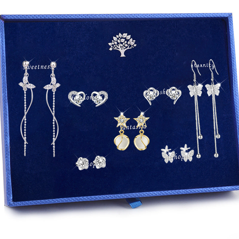 S925 Sterling Silber Anzug Weibliche Kombination Exquisite Mode Lange Schleifenohrringe