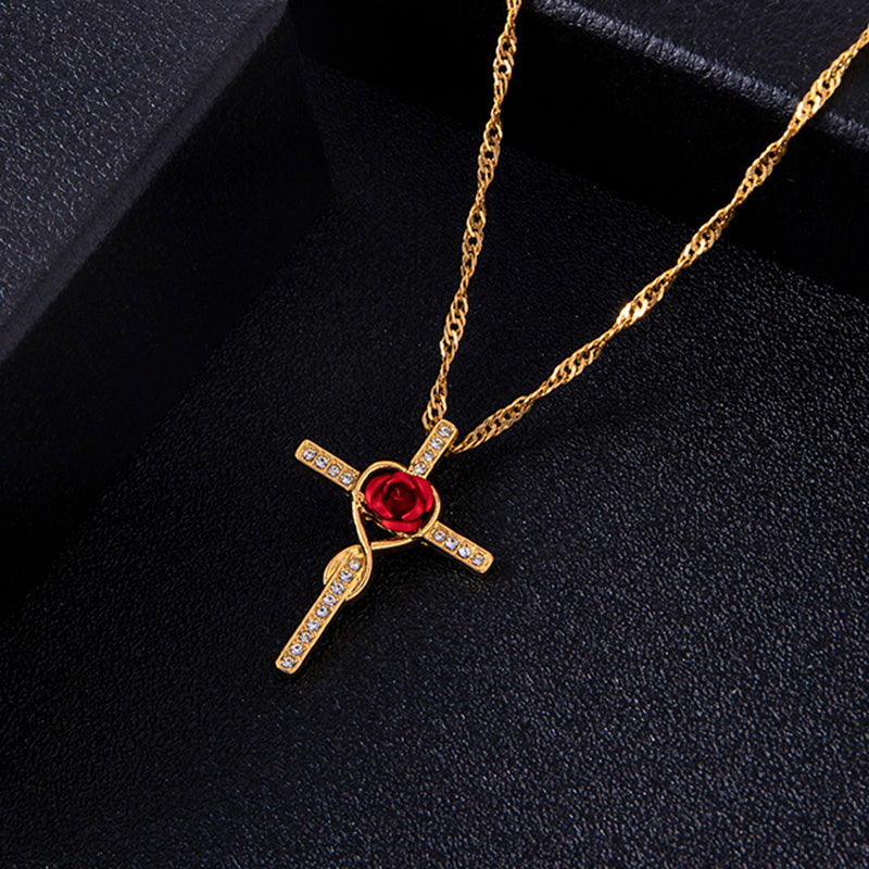 Mode Rose Blume Kreuz Halskette Gold Kristall Unendlichkeit Anka Anhänger Halsketten für Frauen Religiöser Schmuck