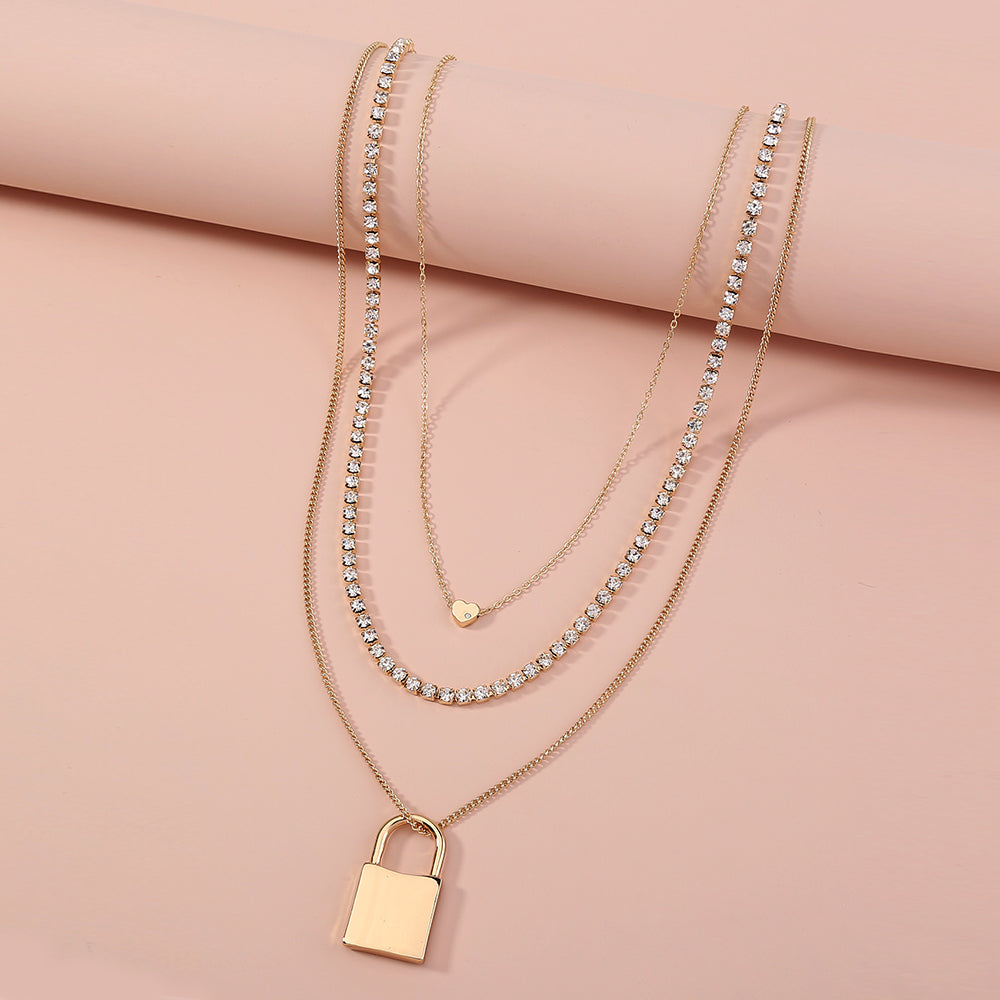 Fashion exaggerated personality lock pendant multi-layer Diamond Gold Necklace woman