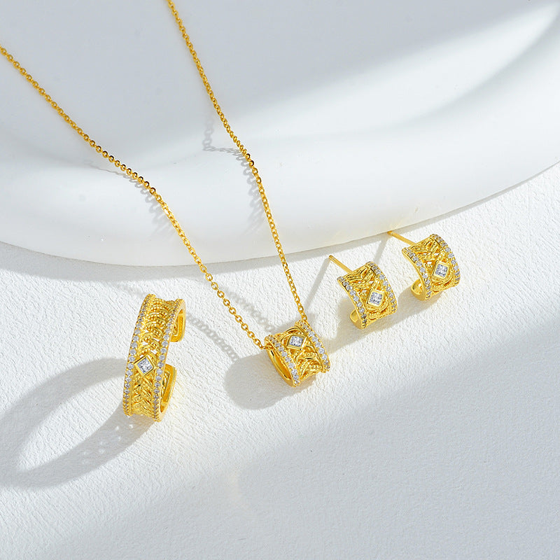 Pendientes de plata de ley S925 con filigrana de tejido brocado, chapados en oro arena con incrustaciones de diamantes de lujo ligero de alta gama