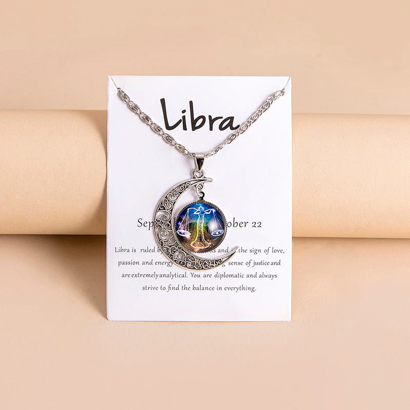 Collar con colgante de luna y 12 abalorios de cristal con signos del zodiaco para mujer y niña