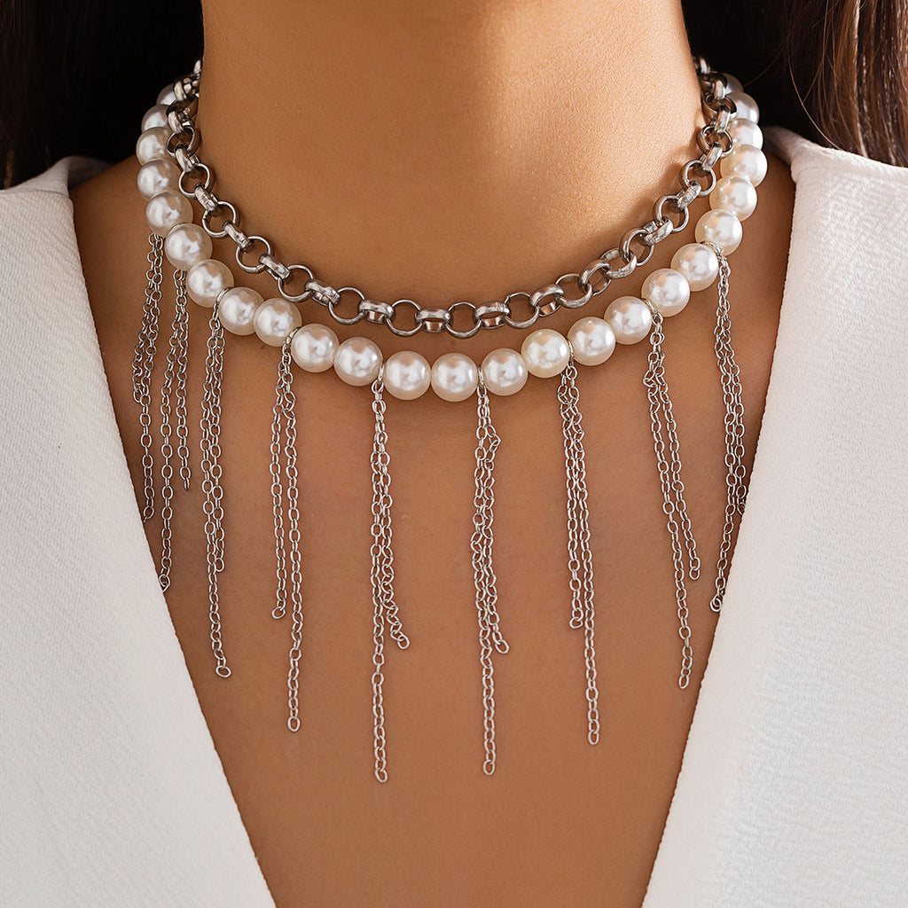 Perlenquaste Lustiges Design Doppellagige Retro-Halskette Damen Accessoires