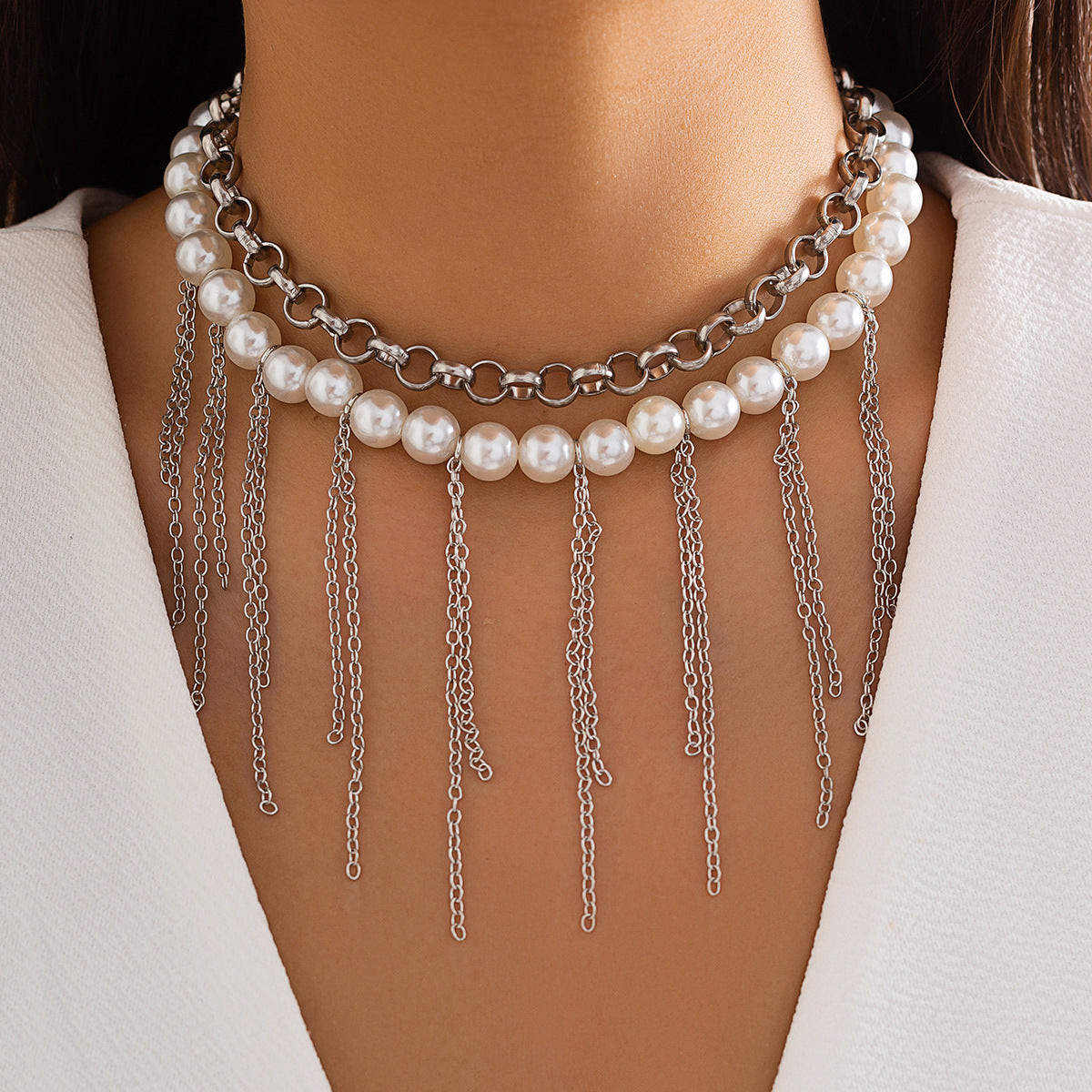 Perlenquaste Lustiges Design Doppellagige Retro-Halskette Damen Accessoires