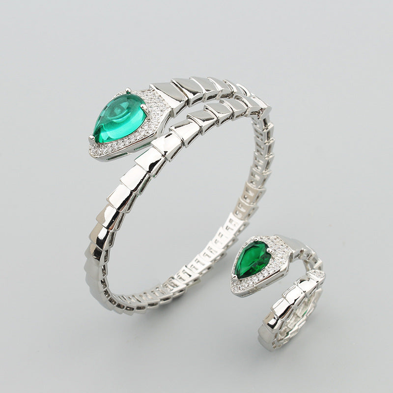 Federartiges Schlangenknochen-Armreif-Ring-Set