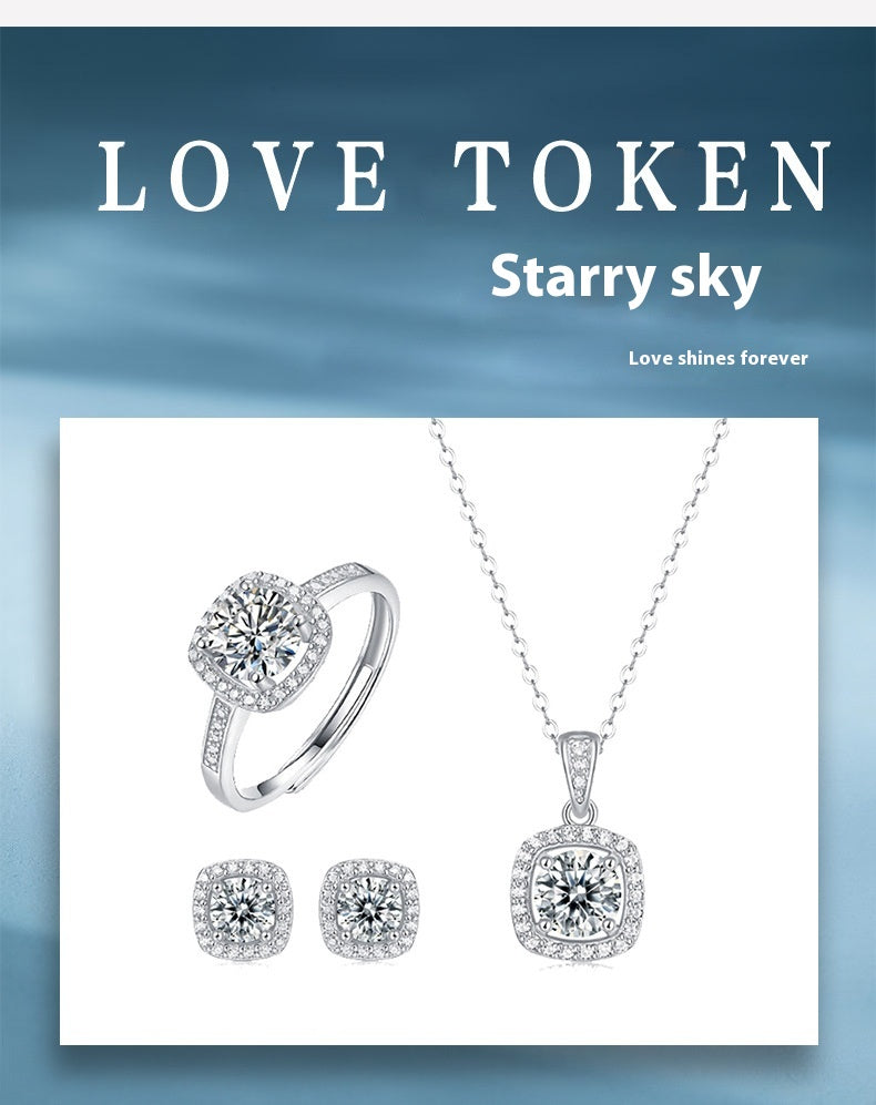 Koreanischer Moissanit-Ring-Halsketten-Set im Asterismus-Stil