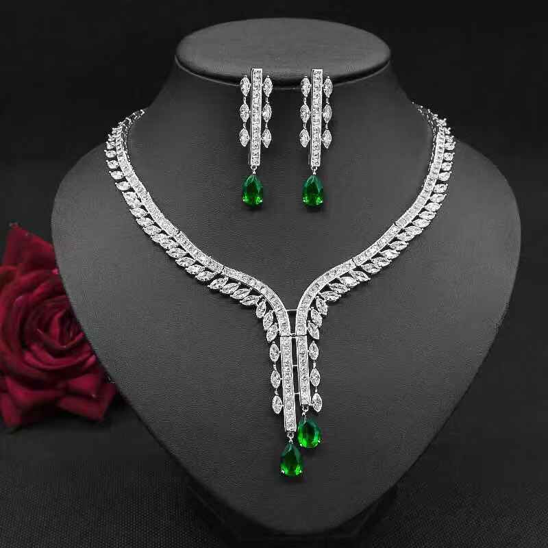 Juego de joyas de collar de circonitas con forma de gota de agua y pendientes de flor, conjunto de dos piezas